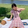 Bow Tie Square Neck Plaid Bubble Sleeve Dress Women Waist A-Line Dress