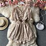 Cubear Cbyr0004 Clamorous Style Ditsy Floral Pattern Puff Sleeve Shirred V Neck Navel Elastic Waist Romper Playsuit Cut Out Romp