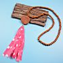 Handmade Wooden Disc Bead Beaded Pendant Women's Necklace Pearl Crystal Leopard Fabric Tassel Long Wool Chain