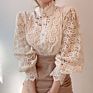 Korean Style Women's White Shirt Vintage Hollow Out Women's Top Casual Sweet Style Lace Long Sleeve Stand Collar Shirt