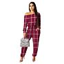 Le-19101519 Polyester Drawstring Long Sleeve Casual Plaid Jumpsuit with Belt