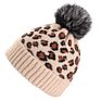 Leopard Warm Hat Wool Knitted Beanie Hat Removable Faux Fur Pom Pom Hats for Women