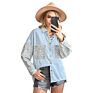 Oversize Leopard Print Contrast Long Blue Women Denim Jeans Jacket for Ladies