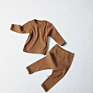 Rib Children Clothes Brown Color 2 Pcs Fitted Wear Cotton Pajamas