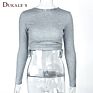 Ribbed Ruched Drawstring Side Tee Polyester Long Sleeve Slim Fit Crop Top T Shirt Women Tight Lady Long Sleeve T Shirt for Women
