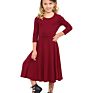 Solid Colors Cotton 3/4 Long Sleeves Girls' Princess Seam A-Line Dress with Full Skirt