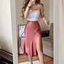 Solid Satin Elastic Waist Women Side Slit Midi Skirt Button Decoration Slim A-Line Skirts