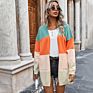 Top Long Sweater Jacket Open Front Women Color Clash Block Rainbow Cardigan