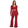 W11 Two Piece Set Outfits Sweater Women Sets Pants Women's & Trousers 2 Flare Long Sleeve Tops Jogger Clothing Crop Top