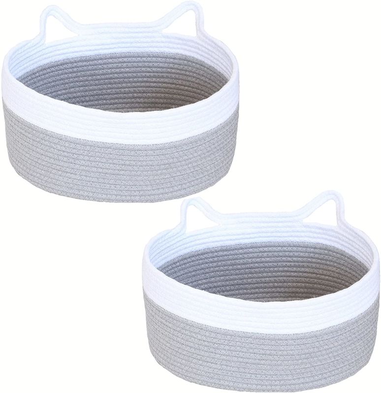 2 Pack Cute Small Cat Ear Empty Gift Basket for Shelf Cotton Woven Rope Basket for Baby Room Storage