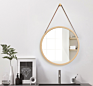Hanging round Wall Mirror in Bathroom & Bedroom - Solid Bamboo Frame Solid Bamboo Frame Mirror Adjustable Leather Strap