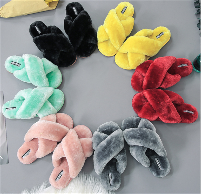 Latest Cross Band Plush Slipper Female Soft Fancy Warm Slippers for Ladies