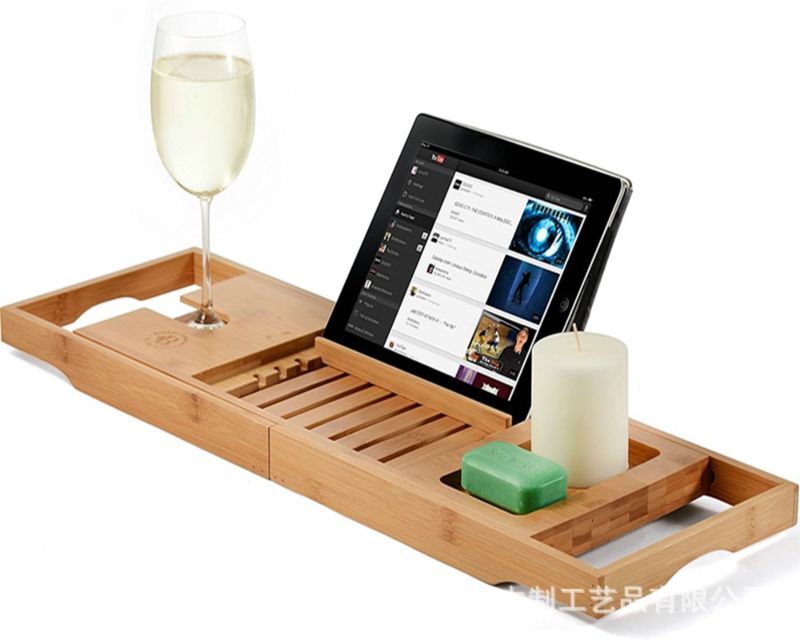 Adjustable Retractable Tray Bath Bathroom Bamboo Extendable Bathtub Storage Bath Tray with Phone Holder Switch Stand