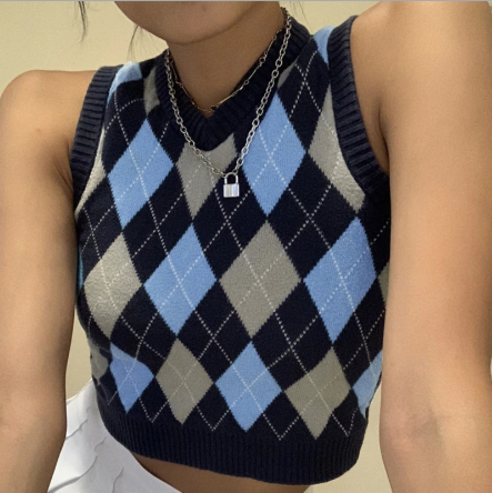 Arrivals Spring Fall Casual Crop Women V-Neck Sleeveless Ladies Plaid Knit Argyle Sweater Vest