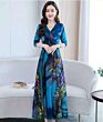 Cross Border Women's Long Sleeve Waist Cut Flower Dress Autumn over Knee Ice Silk Young Women Dress