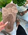 Fall Stylish Fur Flat Slides for Women Cute Bow Furry White and Brown Slippers Female