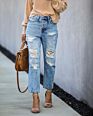 Street Wear Denim Pants for Women Stylish Hole High Waist Straight Ladies Ripped Jeans Trousers