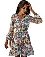 Style Chiffon Flower Dresses V-Neck Long-Sleeved Floral Print Casual Women Dress