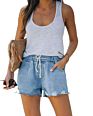 Drawstring High Waisted Ladies Blue Casual Cuffed Jeans Shorts