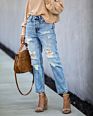 Street Wear Denim Pants for Women Stylish Hole High Waist Straight Ladies Ripped Jeans Trousers