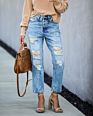 Street Wear Denim Pants for Women Stylish Hole High Waist Straight Ladies Ripped Jeans Trousers