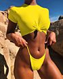 Style Tied Bikini Half - Sleeved Pure Color T Shirt Top Bikini with Removable Padded