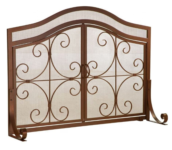 Hearth Small Crest Fireplace Screen with Doors, Decorative Scroll Design, Free Standing Spark Guard