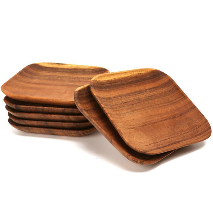 Natural Handmade 6 Inch Hotel Steak Cheese Sushi Japanese Acacia Wood Dinnerware Square Serving Plate Set of Dishes & Plates