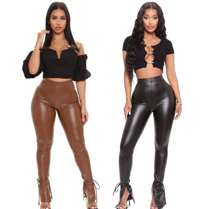 Pu Leather Trousers with Tight Height Elastic Strap and Micro Horn Side Slit in Autumn