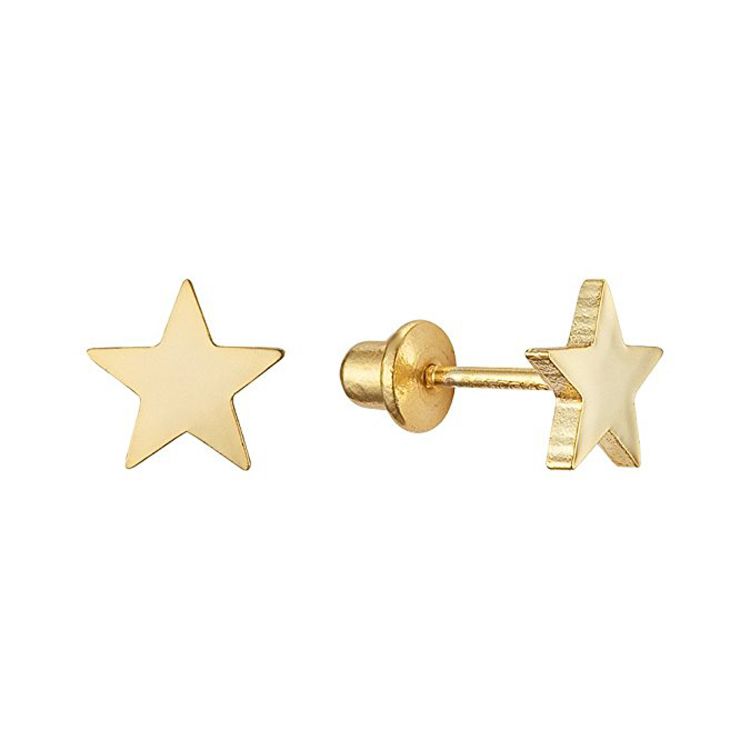 14K Yellow Gold Plain Star Heart Screwback Stud Earrings for Kids