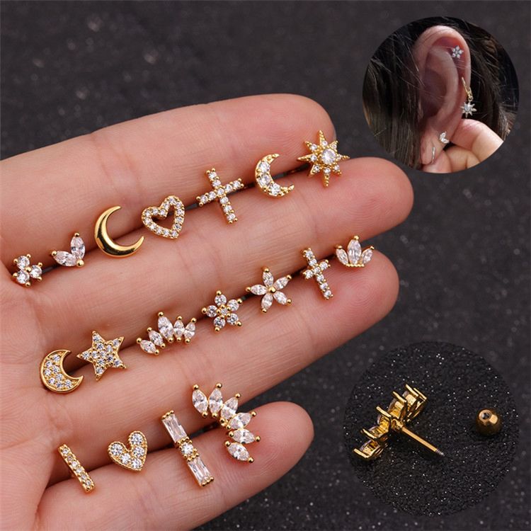 1 Pcs Piercing Earrings for Women Jewelry Broncos Heart Moon Star Stud Earrings Initial Ear Cartilage Earrings