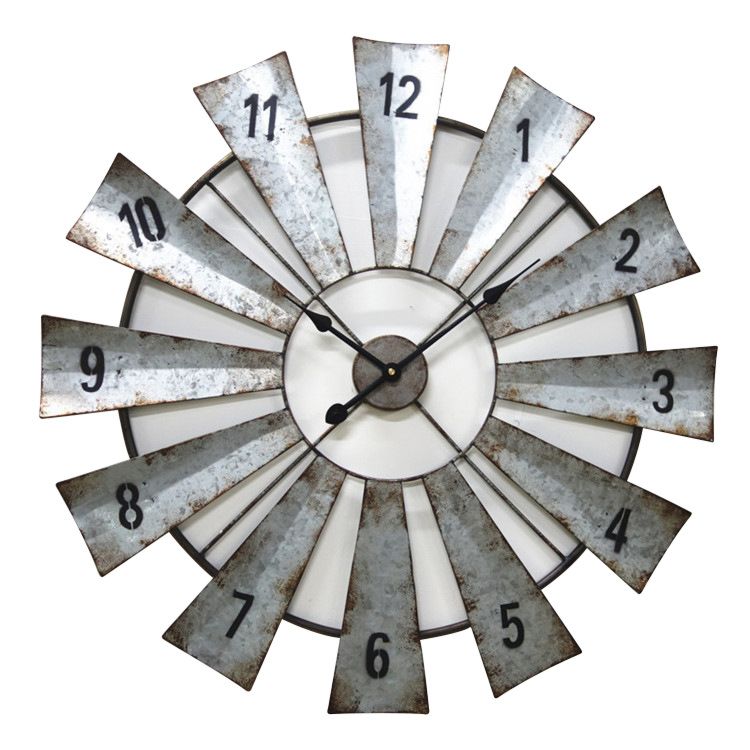24 Inch Rustic Farmhouse Antique Style Clock Small Decorative Galvanized Metal Windmill Fan Wall Clock