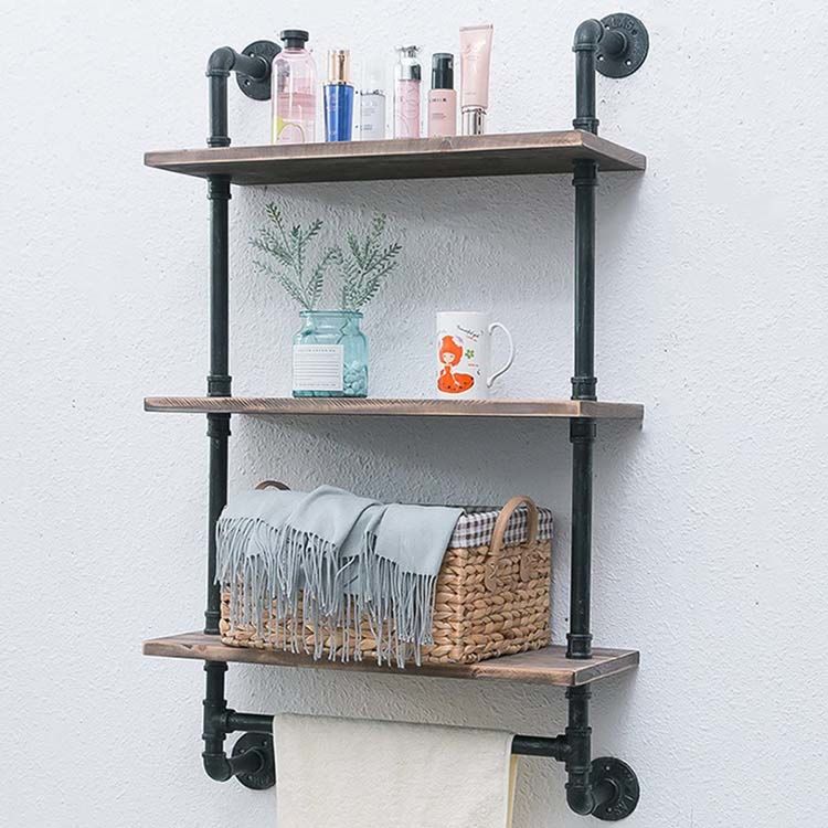 3-Tier Industrial Pipe Bathroom Shelf Wall Mount,61Cm Rustic Utility Storage Shelves,Wood Storage Floating Shelves with Towel