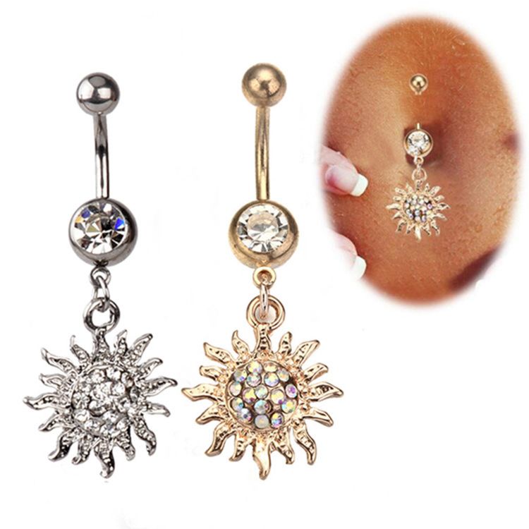 316L Medical Steel Navel Ring Nailing Full Diamond Plating Golden Sunflower Flame Belly Button for Lady