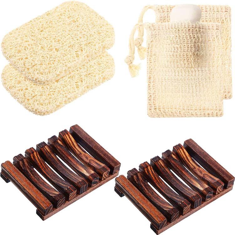 6 Pieces Bamboo Soap Dish Set, 2 Pieces Wood Soap Case and 2 Pieces Soap Saver