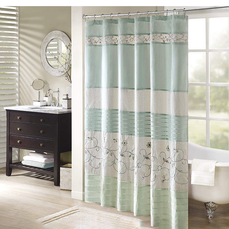 72X72 Farmhouse Home Bathroom Aqua Shower Curtain Machine Washable Faux Silk Embroidered Floral Shower Curtain