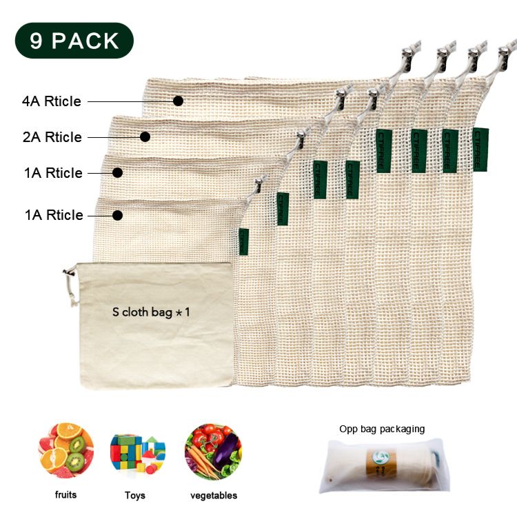 9 Set Mesh Drawstring Washable Vegetable Fruit Grocery Bag Storage Mesh Pouch Reusable Shopping Bags