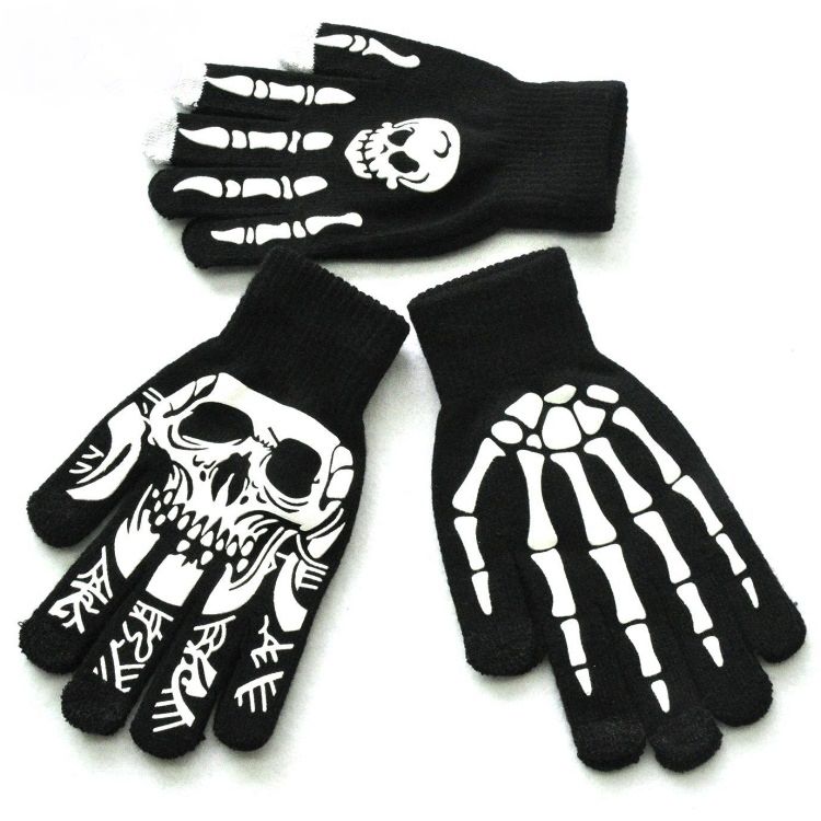 Adult Halloween Skull Ghost Claw Offset Printing Fluorescent Luminous Gloves Outdoor Riding Warm Knitted Gloves