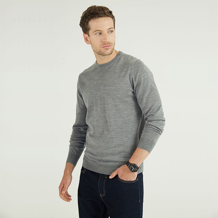 Autumn 100% Merino Wool Material Grey Plain Men's Crewneck Knitted Pullover Sweaters for Man