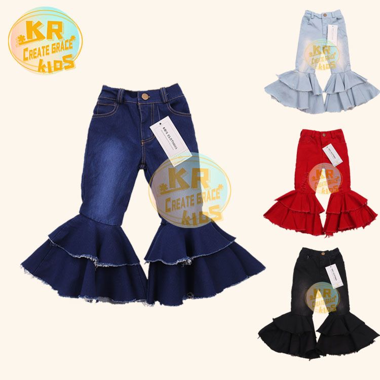 Baby Girls Denim Pants Double Ruffles Bell Bottoms Bleach Trousers Kids Flared Pants