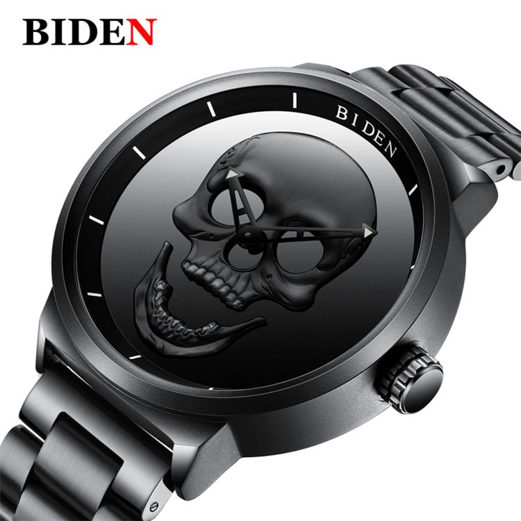 Biden 0063 1 Punk 3D Skull Personality Retro Mens Black Watches Waterproof Stainless Steel Quartz Watch Unique