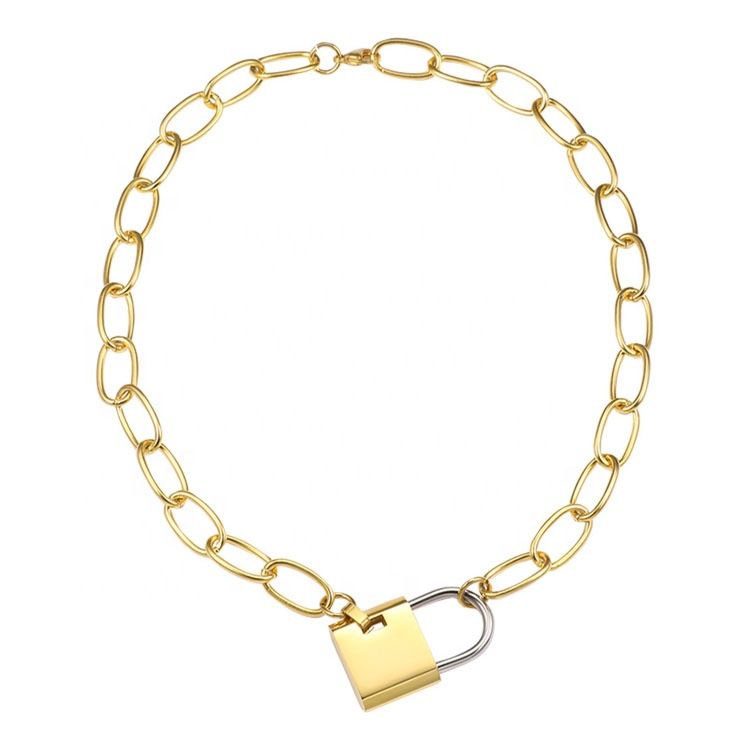 Big Lock Link Chain Choker Necklace Women Gold Color Stainless Steel Pendant Necklaces P193040