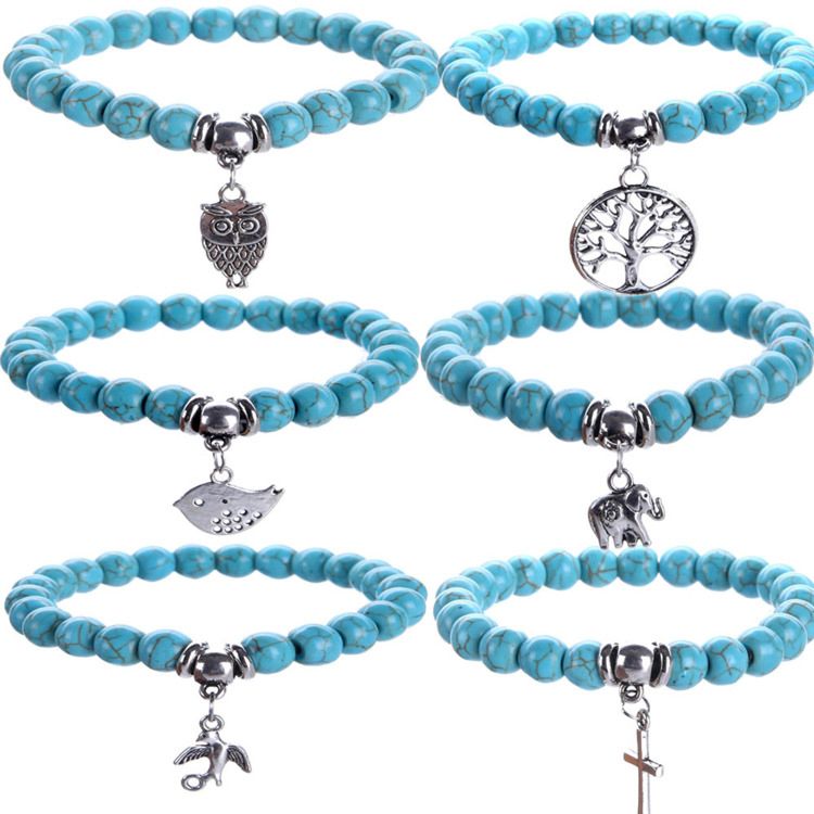 Bird Owl Elephant Pendant Simulated Turquoise Beaded Bracelet Cross Charm Natural Turkey Turquoise Stone Bracelet