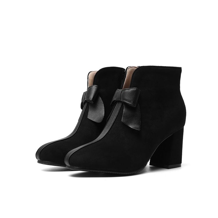 Black Bow Knot Thick Heel Low Chunky Ankle Female Boots