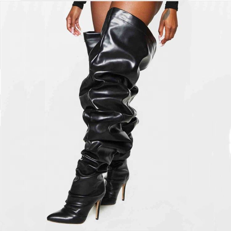 Black Pleated Thigh High Boots for Ladies Pointy Toe over Knee High Stilettos Extra-Large Tube Women's Long Boots