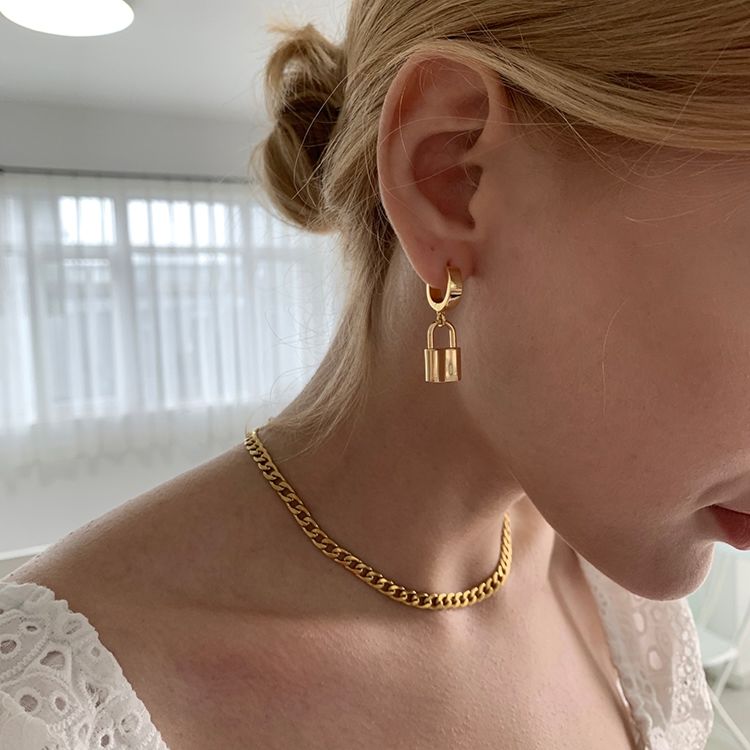 Brass 18K Gold Plated Padlock Lock Drop Earring Dangle Hoop Earrings Jewelry Women