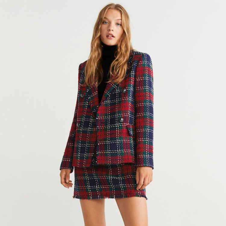 Buttons Tweed Women Ladies Plaid Blazers