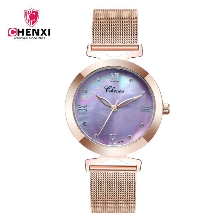 Chenxi 091M Famous Purple Girls Quartz Watch Vive Mesh Strap Waterproof Small Minimalist Business Hand Watch