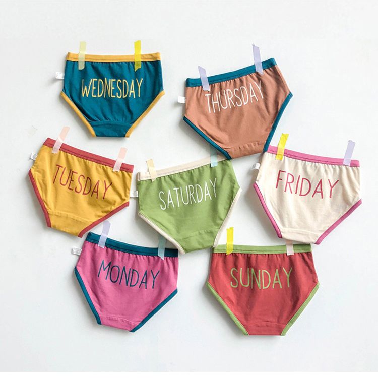 Children's Underwear Boys Girls One Week 7 Days Cartoon Letter Combed Cotton Multi Color Cantrast Color Binding Briefs