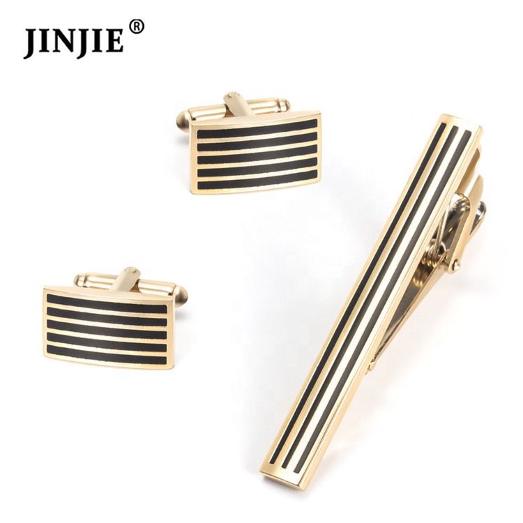 Chinese Rectangle Gold Plated Black Stripe Cuff Links and Tie Clip Set